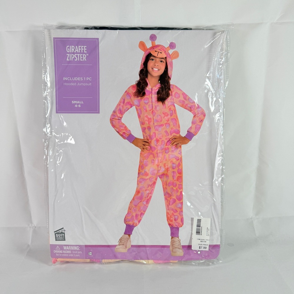 Giraffe Zipster Girls Kids Small 4-6 Halloween Costume Hooded Jumpsuit NWT